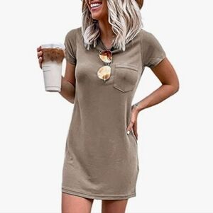 Taupe Pocket T-Shirt Dress - Short Sleeve NWOTS